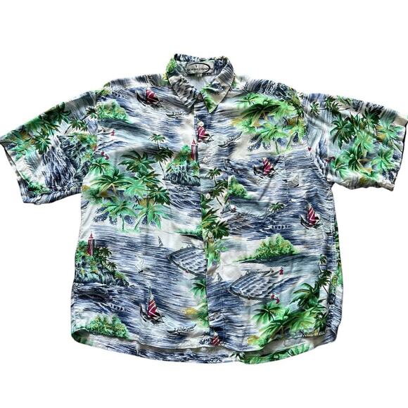 Vintage New Millennium Men’s Hawaiian Shirt Large Tropical Island Sailboat Print - Picture 1 of 6